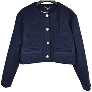 J Crew Navy Textured Cropped‎ Jacket Blazer Gold Buttons Size 14